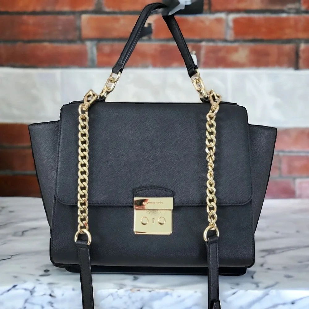 Michael Kors Brandi Medium Satchel Black Saffiano Leather Crossbody Gold Chain